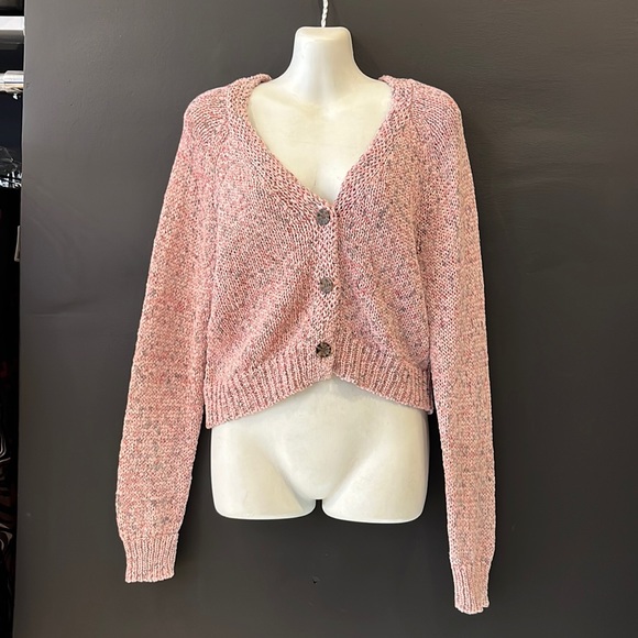 Cleo Black & White Trimmed Knit Gold Button Cropped Long Sleeve Cardigan Sweater main image 1